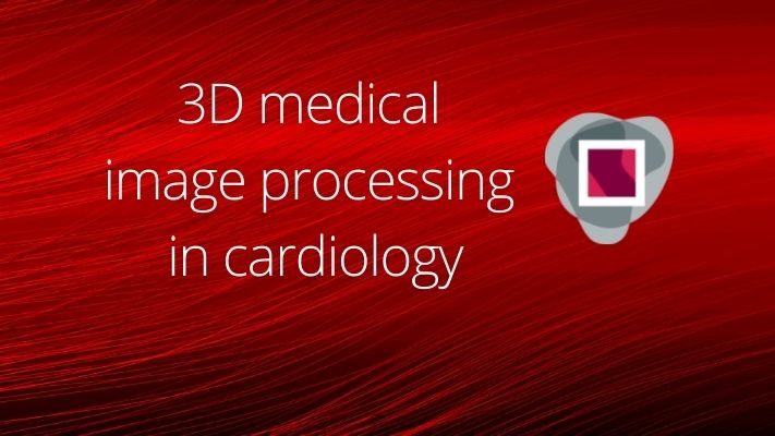 Cover of graylight imaging post 3d medical image processing in cardiology. The picture showed Graylight Imaging logo and title of the post located on the red background.