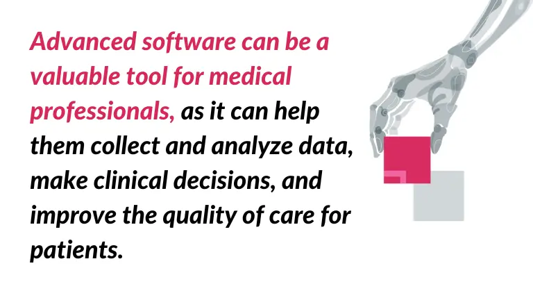 The picture depicted a quotation about medical software development tool. There's symbolic hand which hold red and grey blocks.