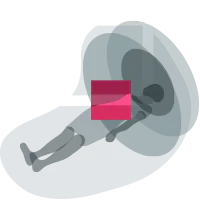 An icon showing an image of a patient during a CT scan. Images from the CT scanner will be analyzed by medical algorithms. The image is in gray colors with a square in magenta. 