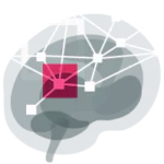 An icon depicted a symbol of medical algorithms based on deep learning techniques. There is a gray brain image with neural network and also magenta square on the icon.
