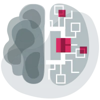 Icon depicted symbol of medical algorithms for the brain. We can see here the brain with neural networks in gray and magenta colour.