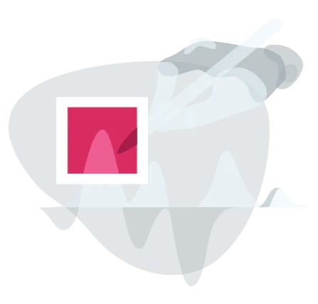 Icon with symbolic image showing data processing in medical imaging software development. The icon features a hand holding a pen and waves symbolising data processing.