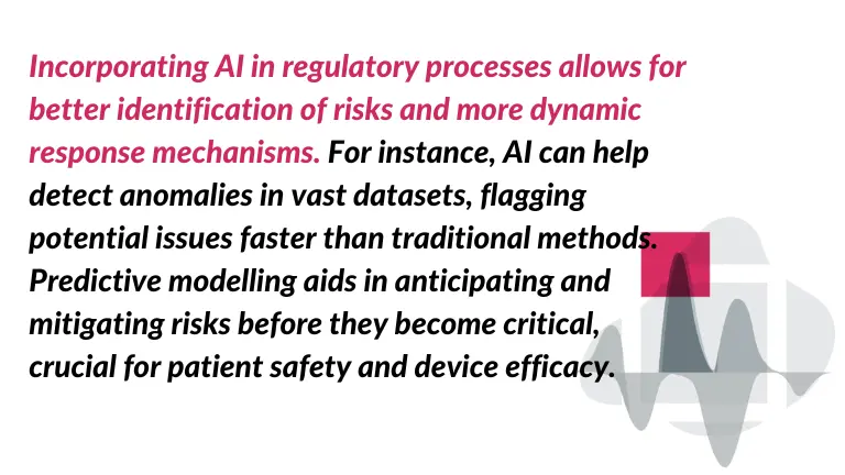 The image depicted a quote about incorporating AI in SaMD certification process for better identification of risks and more dynami response mechanism. There is also an icon presents data processing.