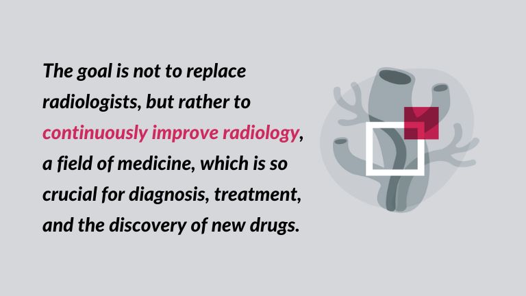 a decorative image with a quote - The goal is not to replace radiologists, but rather to continuously improve radiology, a field of medicine, which is so crucial for diagnosis, treatment, and the discovery of new drugs.