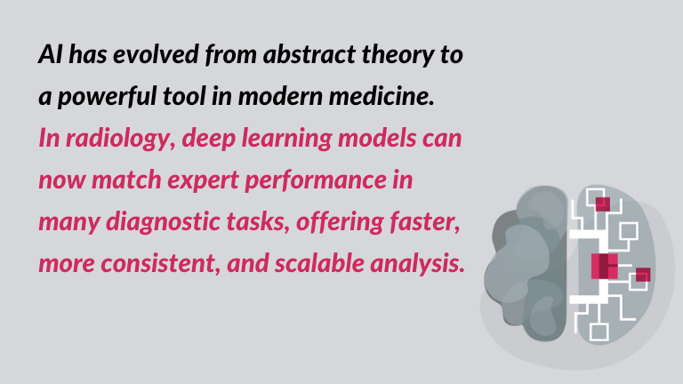 The quote related to artificial intelligence in medical imaging field: "AI has evolved from abstract theory to a powerful tool in modern medicine.<br />
In radiology, deep learning models can now match expert performance in many diagnostic tasks, offering faster, more consistent, and scalable analysis."